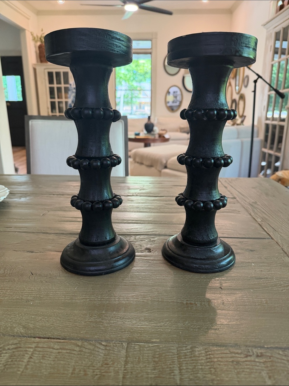 Set of 2 Black wood pillar candle holders!!